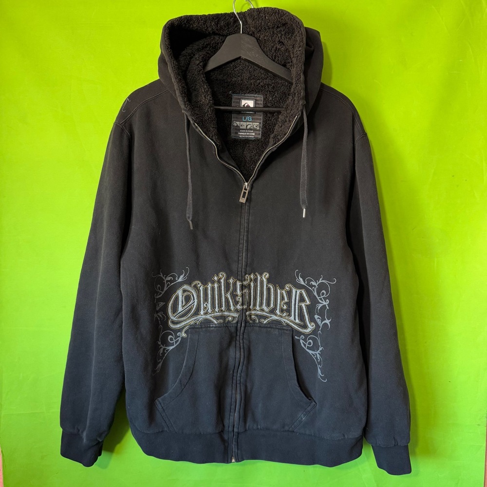 Quiksilver Mens Black Sherpa Lined Full Zip Hoodie Gothic Logo Size Large Y2K